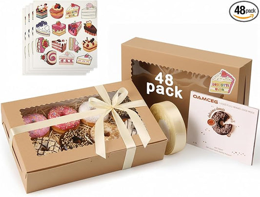 OAMCEG 48 Pack Cookie Boxes with Window, 12x8x2.5 Inch Bakery Treat Boxes for Christmas Holiday Gift Giving, Desserts, Donuts, Pastries-Brown
