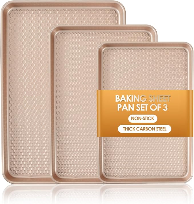Baking Sheet Pan Set of 3, Nonstick Carbon Steel Cookie Sheets with Texture | Commercial Half/Quarter/Jelly Roll Pans Replacement Toaster Oven Tray, Heavy Duty & Easy Clean, Rose Gold