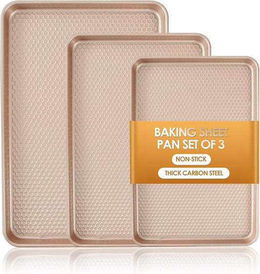Baking Sheet Pan Set of 3, Nonstick Carbon Steel Cookie Sheets with Texture | Commercial Half/Quarter/Jelly Roll Pans Replacement Toaster Oven Tray, Heavy Duty & Easy Clean, Rose Gold