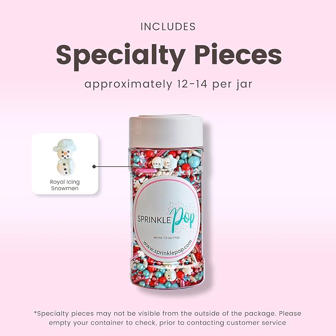 Sprinkle Pop Oh Snow Cute Sprinkle Mix| Red White Icy Blue Sprinkles with ~10 Cute Snowmen Royal Icings & White Snowflakes| Christmas Sprinkles Made in USA for Decorating Cakes Cupcakes Cookie, 4oz