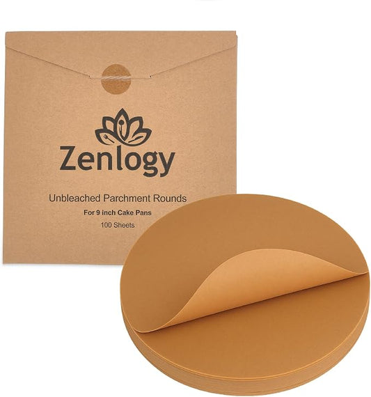 Zenlogy 9 Inch Parchment Paper Rounds (100 Sheets) - Unbleached, Pre-cut, High Heat, Round Liners - Fits 9 inch Round Cake Pans