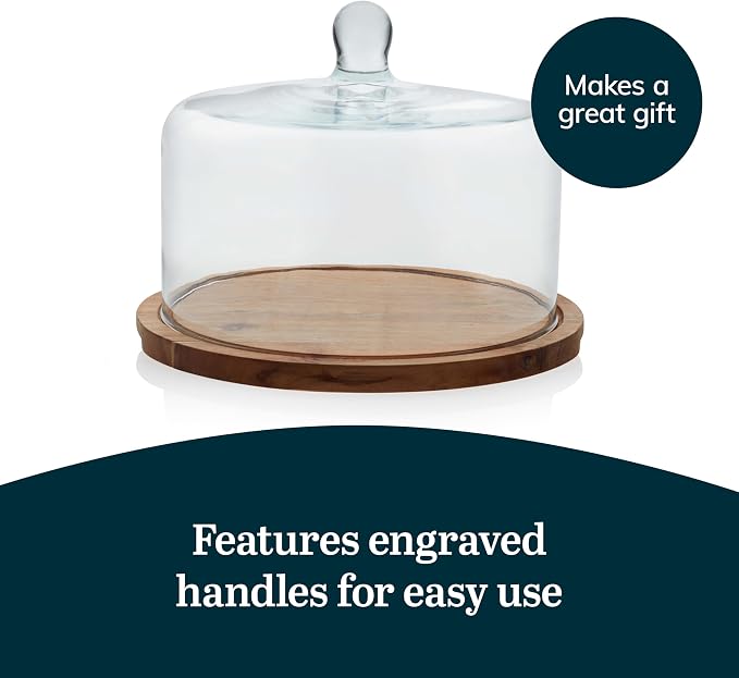 Libbey Acacia Wood Cake Stand with Lid, Ball Top Handle Cake Holder with Lid, Covered Pastry Holder, Durable Glass Dome Cover