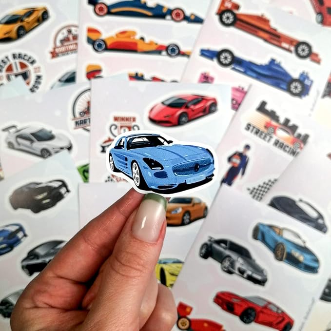 BulbaCraft 100Pcs Race Car Stickers, Racing Stickers and Decals, Race Car Party Supplies, Racing Gifts, Gifts for Women & Men