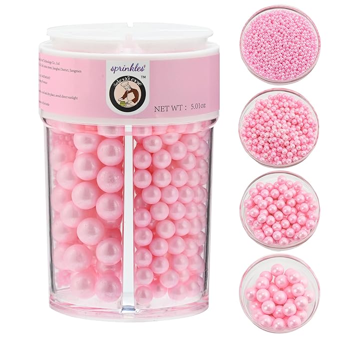 Homankit Edible Pink Pearl Sprinkles for Baking, 4 Sizes Mix Sugar Pearls Cake Decorations for Cupcake Toppers Cookie Decorating Birthday Party Wedding Valentines Christmas Supplies