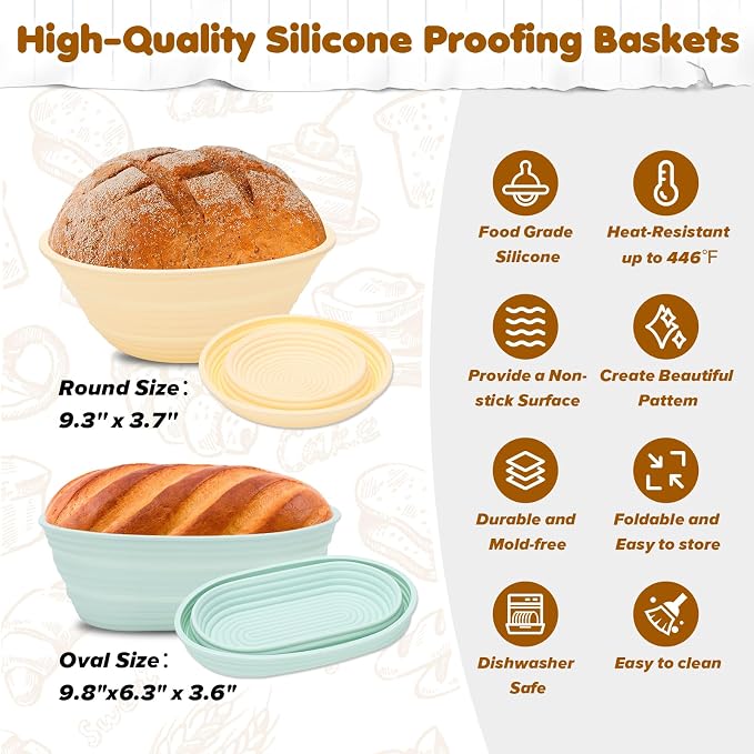HK Sourdough Starter Kit with 9" Round & 10" Oval Banneton Proofing Basket and 34oz Starter Jar - Beginner-Friendly Sourdough Bread Baking Supplies and Baking Gifts for Women, Men, and Bread Bakers