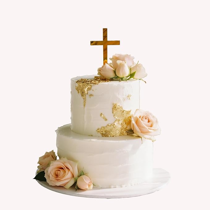 Gold Cross Cake Topper for Baptism, First Communion & Christening - Acrylic Mirror Decor - 3.94 Inch Holy Cross for Baby Shower, Wedding Cakes