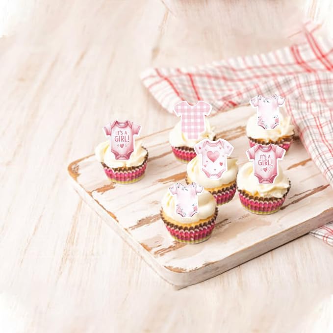 60 PCS Edible Bodysuit Cupcake Toppers Wafer Paper Baby Girl Cupcake Picks Edible It's a Girl Gingham Theme Party Decorations for Girls Birthday Gender Reveal Baby Shower Party Cake Decorations