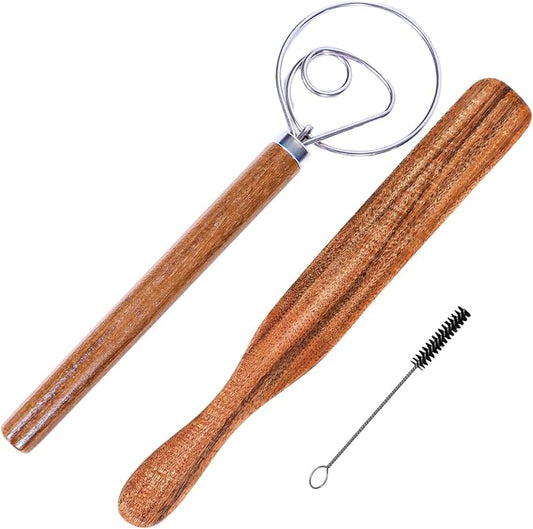 Dutch Dough Whisk & Teak Spurtle Set; Premium Stainless Steel Sourdough Whisk, Wooden Starter Jar Spatula; Sourdough Bread Baking Supplies for Home Bakers; BPA-Free, Bread Making Tools