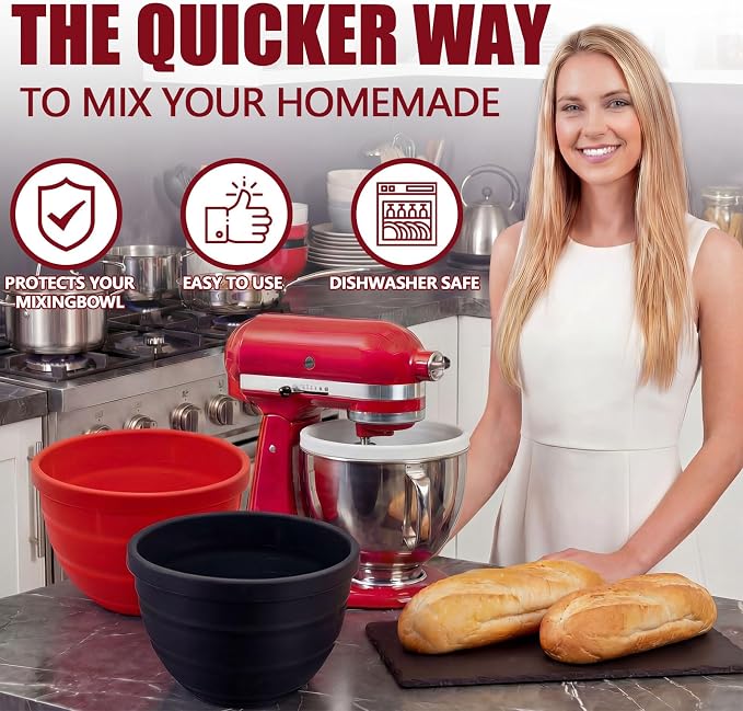 Foldable Silicone Bowl Liners for KitchenAid Mixer 3.5QT, Collapsible Kitchen Aid Bowl Insert with Airtight Lids, Thick Heat/Cold Resistant Silicone Mixing Bowl Liners, 3 Pack