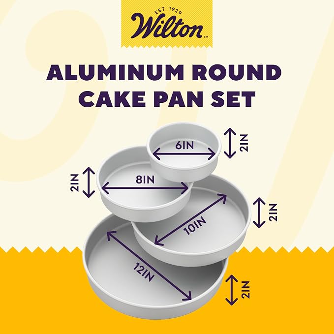 Wilton Aluminum Bakeware Round Tiered Cake Pan Set - Made from Natural Anodized Aluminum - Durable Cake Pans with Even Heat Distribution - Reduces Over-Baking - 6, 8, 10 & 12 Inch (Pack of 4)