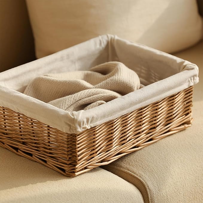 Handwoven Rattan Storage Basket with Removable Fabric Liner Desktop Organizers for Home Organization and Decoration Natural Fiber Closet Organizers Basket