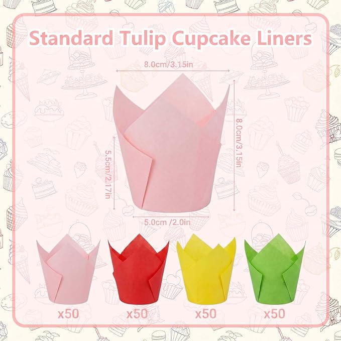 200 Pcs Tulip Cupcake Liners for Baking, Yellow Pink Red Green | Standard Greaseproof Tulip Muffin Liners for Baking, 3oz Paper Cupcake Wrappers for Party Wedding Birthday