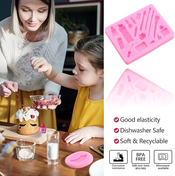 ZiXiang Makeup Theme Silicone Molds Valentine's Day Fondant Molds Kiss Lips Lipstick Perfume Eyelash Brush Mold For Candy Chocolate Cake Decorating Cupcake Topper Gum Paste Polymer Clay Set Of 5