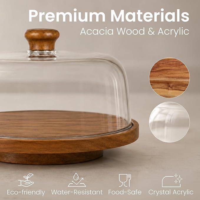 Rotating Acacia Wood Cake Stand with Lid Anti-Mold 12 Inch - 2-in-1 Wooden Charcuterie Board - Covered Dessert Plate with Acrylic Dome - Vintage Pastry Display - Tall Domed Serving Stand Platter - Brown