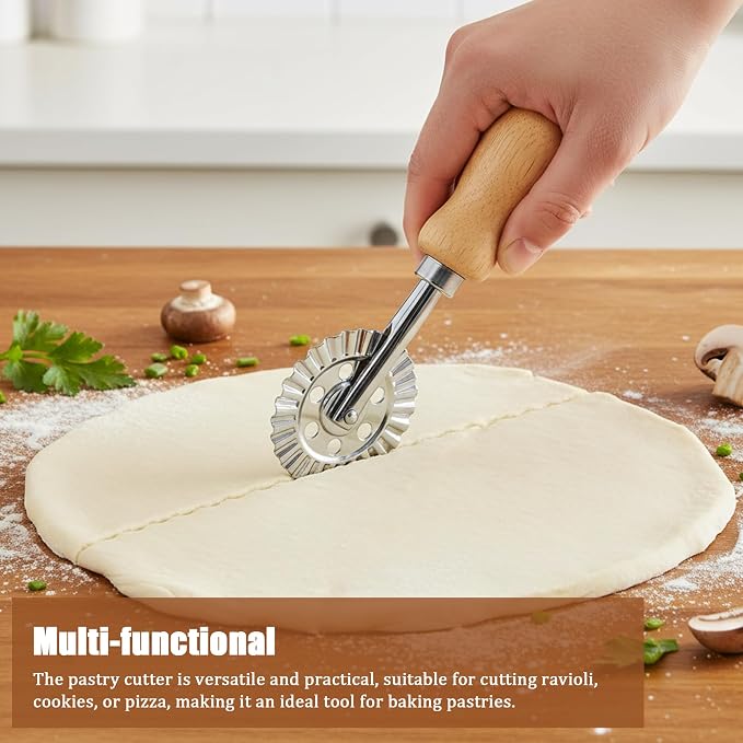 Short Handle Large Cutter Wheel - Exquisite Wooden Handle, Perfect for Pasta, Pizza, Ravioli, Cookie - Versatile Crinkle and Biscuit Cutter for Effortless Slicing
