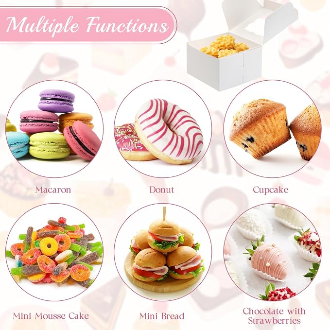 OAMCEG 30pcs Cookie Boxes with Window, 4x4x2.5 Inch Bakery Treat Boxes with Cake-Themed Stickers for Mini Cake, Pastry, Dessert, Chocolate, Strawberries, Party Favors (White)