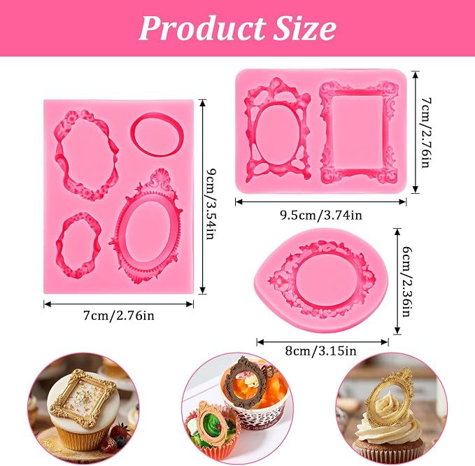 3 Pcs Photo Frame Silicone Molds, Vintage Picture Frame Fondant Molds Mini Baroque Style Air Dry Clay Resin Mold for Baking Chocolate Cupcake Topper Candy Donut Cake Decoration Craft Making
