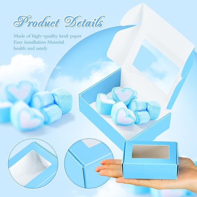 Zonon 30 Pcs Soap Boxes for Homemade Packaging, Mini Kraft Boxes with Window for Bakery Candy Soap Making Gift Packaging, 3.7x2.6x1.4 Inch (Blue)