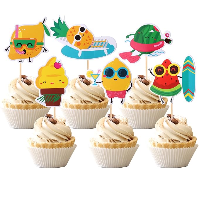 36 PCS Tropical Beach Luau Cupcake Toppers Fruit Watermelon Pineapple Ice Cream Lemon Cupcake Picks for Summer Hawaiian Luau Tropical Aloha Beach Theme Birthday Party Cake Decorations Supplies