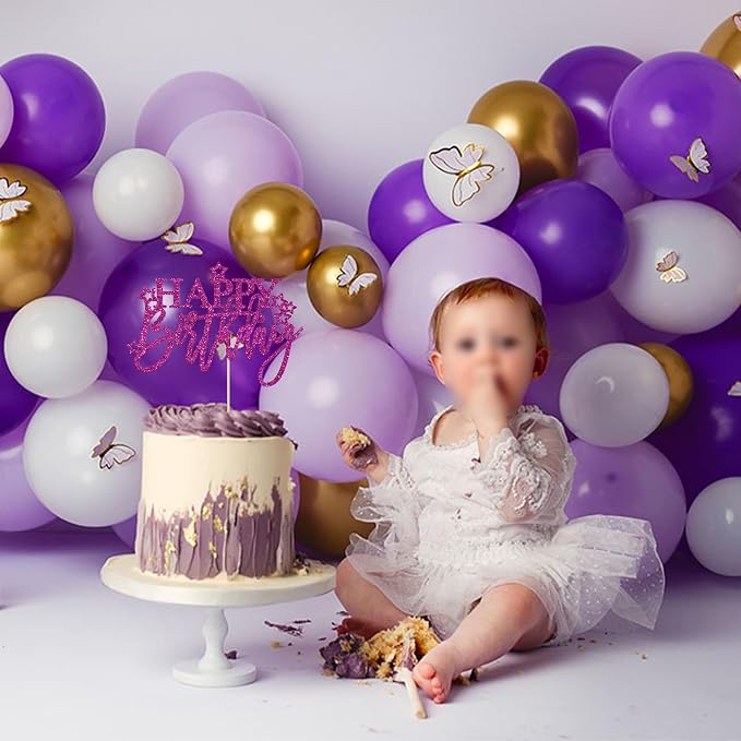 Gyufise 1Pcs Happy Birthday Cake Topper Glitter Happy Birthday Cake Pick for Celebrating Happy Birthday Anniversary Theme Party Cake Decorations Supplies Light Purple