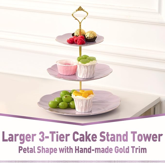 DUJUST Luxury Larger 3-Tier Cupcake Stand Tower, British Style Porcelain Serving Tray with Golden Trim, Food Grade Dessert Display Stand for Tea Party & Home Décor - 45% Purple Larger Plates