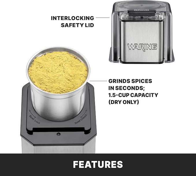 Waring Commercial Electric Spice Grinder, 1.5-Cup Capacity, Stainless Steel Blades, Dry Spices Only, Peppercorns, Cinnamon Sticks, Star Anise, Nuts, WSG30