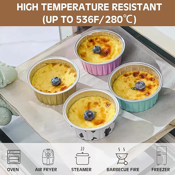 50PCS Mixed color Disposable Ramekins with lids,5oz Aluminium Foil Baking Cups Creme Brulee Mini cake pans, Cheesecake Pans Flan Molds Tin Cups Containers for Party (Mixed color with Lids 50PCS)