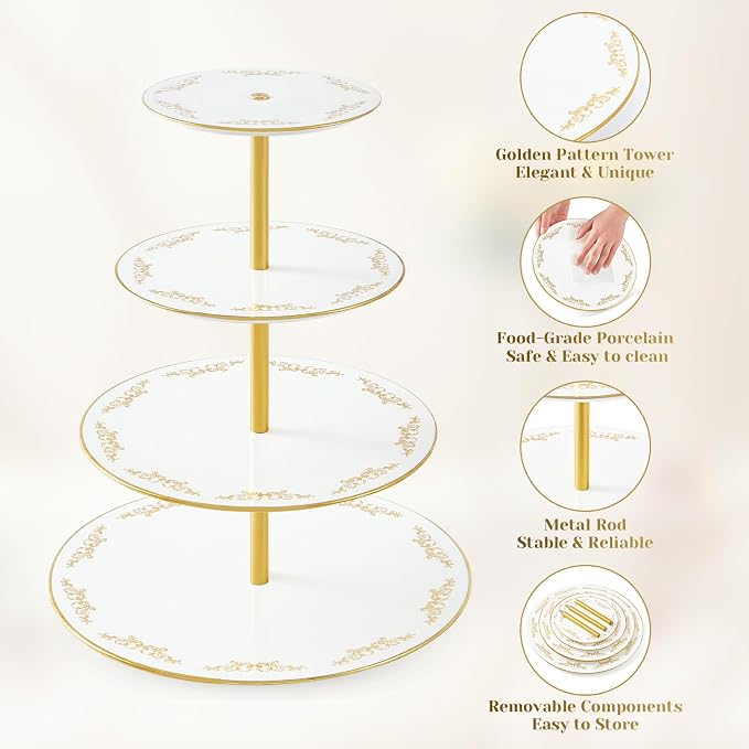 DUJUST 4-Tier Cupcake Stand Tower, British Style Porcelain Tiered Tray with Golden Trim & Pattern, Food Grade Dessert Display Stand, Beautiful Gift for Tea Party & Home Décor - White