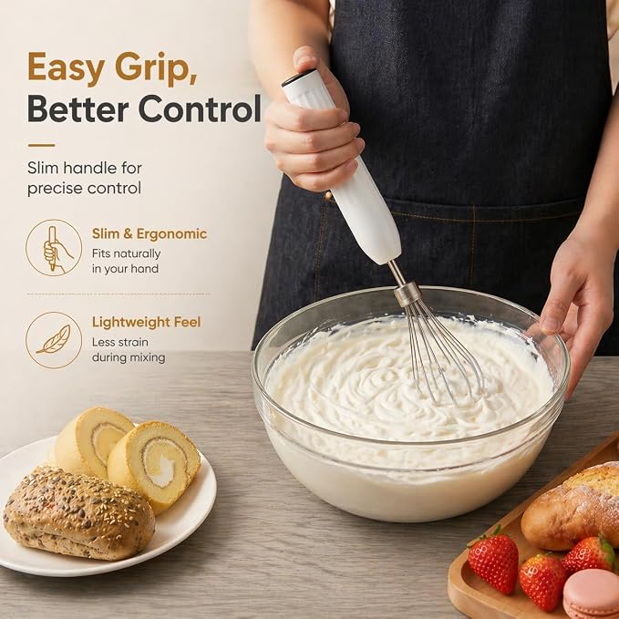 Handheld Electric Egg Beater Whisk,2-Speed USB-C Rechargeable Portable Wireless Balloon Whisk for Eggs, Milkshake Cream, Butter, Baby Food Fruits, Sauces and Soup for Kitchen,Camping Baking - White