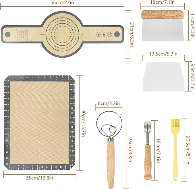 Bread Making Tools Set of 7, Including Silicone Pastry Mat, Round Baking Mat, Sourdough Danish Dough Whisk, Bread Lame Dough Scoring, Bread Scraper Dough Cutter, Perfect Gifts for Baker