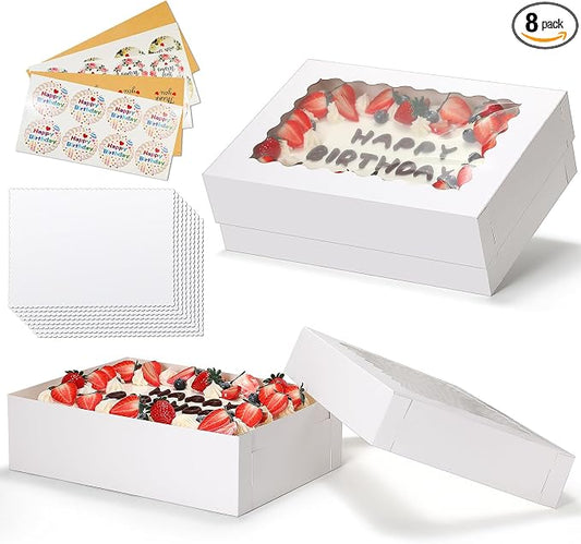 COTOPHER 14x10x4 In Sheet Cake Boxes, 16 Pcs White Bakery Boxes with Large Window (8 Boxes & 8 Boards), Cake Containers for Quarter Cakes, Donuts, Cupcakes, Brownie, Pastry & Pies Packaging