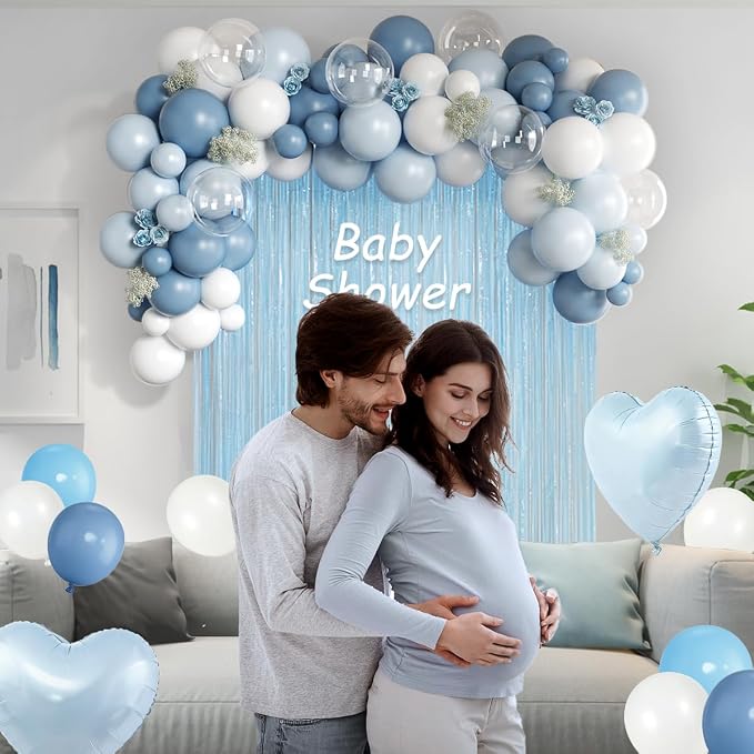 157PCS Pastel Blue and White Balloons Garland Arch Kit with Light Blue Fringe Curtain for Bridal Baby Shower Birthday Engagement Wedding Winter Wonderland Dance Party Decorations