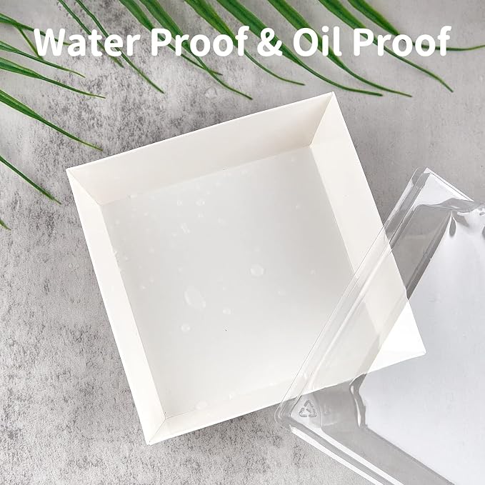 Kucoele Small Charcuterie Boxes with Clear Lids, 4 Inches, 50 Pack, White | Disposable, Paper, To Go Food Containers, For Cookie, Cake Slice, Mini Cake, Bakery, Dessert, Chocolate Strawberry