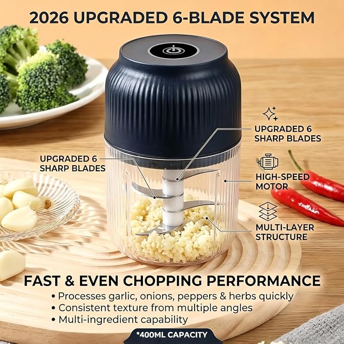 Household Electric Garlic Crusher, 6 blades, 2026 New Mini Garlic Mincer Electric with Lid, 350ml Portable Garlic Chopper for Garlic, Onion, Ginger, Chili and Fruit (Blue+Manual Crusher)
