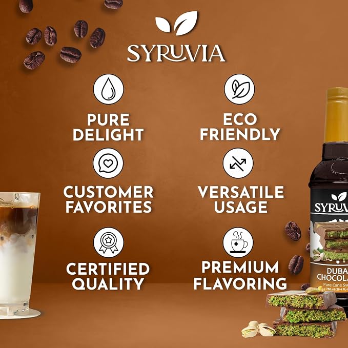 Syruvia Coffee Syrup, Dubai Chocolate Flavored Syrup for Drinks, Lattes, and Desserts – 25.4 fl oz - with Pump