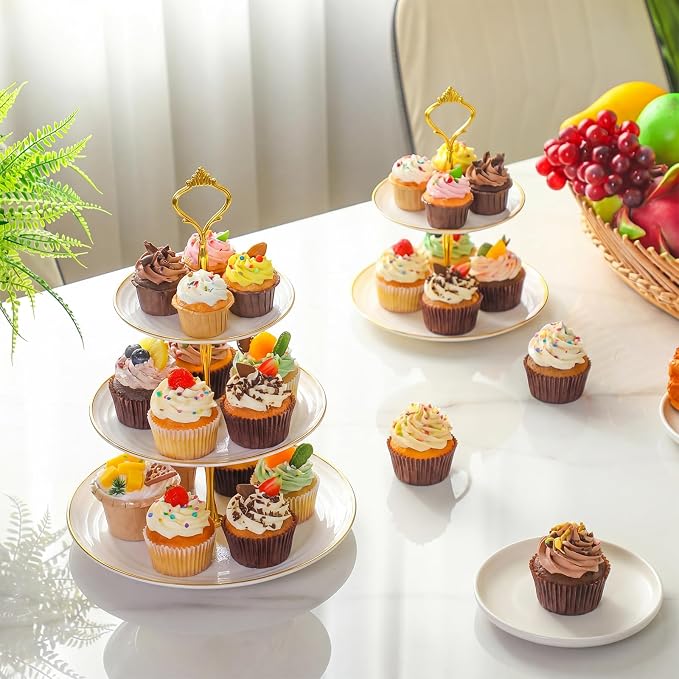 Teenyyou 8 Pack 3 Tier Cupcake Stand Bulk Tiered Dessert Stand Thick Plastic Serving Tray with Gold Edges Dessert Table Display Set Tea Cake Holder for Wedding Birthday Party(White Gold,Crown Shaped)