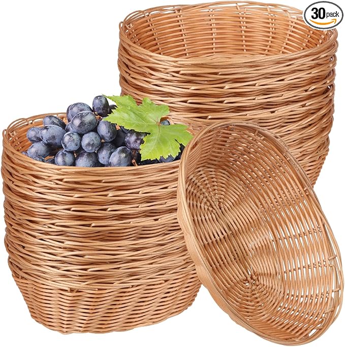 30 Pack Oval Poly Wicker Basket, 9 x 6 x 2.6 Inch Poly Wicker Bread Baskets, Medium Size Gift Baskets for Kitchen, Christmas Gifts, Centerpiece Display, Storing Bread, Fruits, Vegetables, by GNIEMCKIN