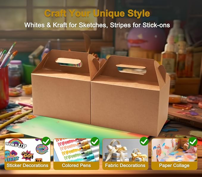 Happyhiram 40-Pack Large Gable Boxes Kraft Brown - 9x6x6 Inch Sturdy Kraft Paper Gift Boxes for Party Favors, Box Lunches, Cookies, and Birthday Wedding, Easy to Assemble with Handles