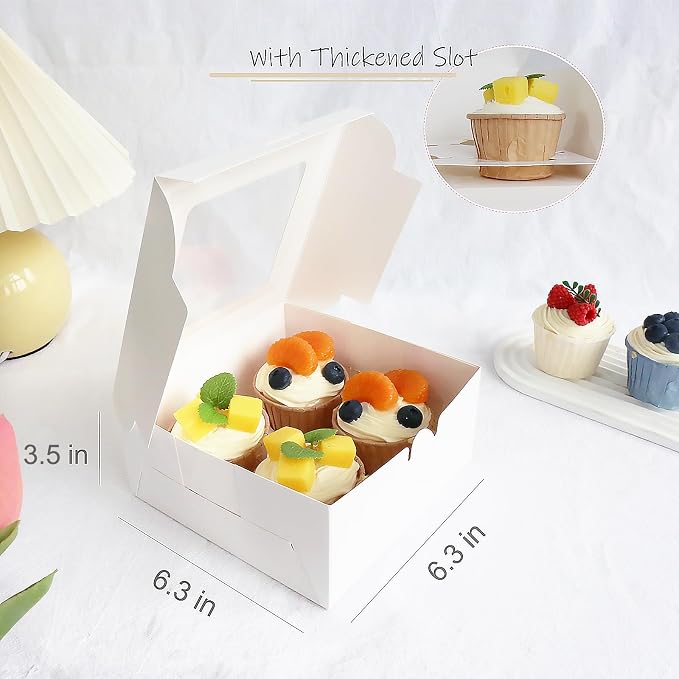 8-Pack Cupcake Boxes with 4-Compartment Slots, Clear Window, Thickened Food-Grade Cardboard, Easy Assembly, for Small-Batch Baking & Personal Gifting