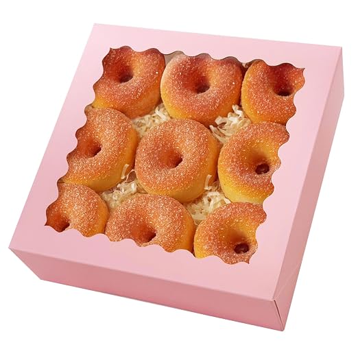 qiqee 8x8x2.5 Inch Pink Pastry Box With Window Donut Pie Boxes 12pcs Bakery Box (Auto-pop Up)
