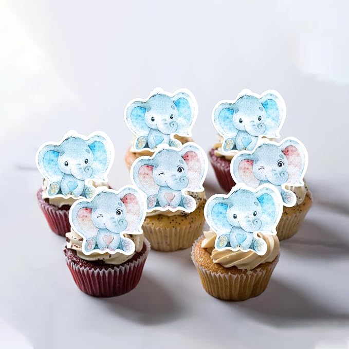 60 PCS Edible Elephant Cupcake Toppers Baby Shower Boy or Girl Cupcake Picks for Elephant Theme Gender Reveal Baby Shower Kids Boys Girls Birthday Party Cake Food Decorations Supplies Pink or Blue