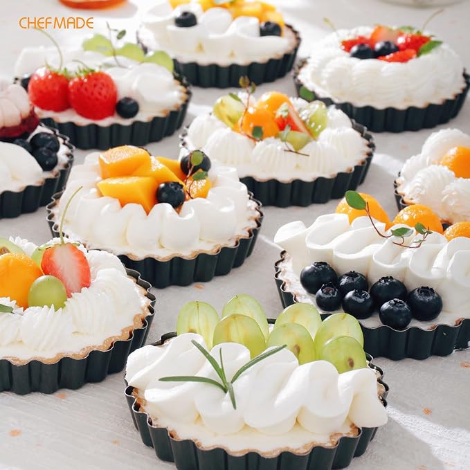 CHEFMADE Round Tart Pan Set, Non-Stick 4 Inch 12Pcs with Removable Loose Bottom Quiche Pan