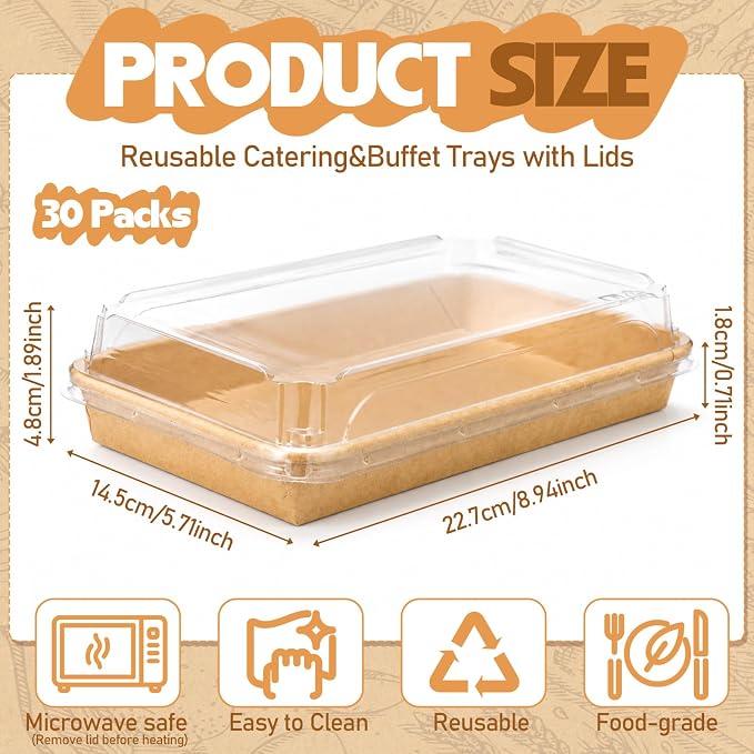30 Pack Catering Trays with Clear Lids 8.9" x 5.7" Serving Trays Kraft Paper Charcuterie Boxes Party Platters Take out Food Containers for Snacks Fruit Cookies Dessert Sandwiches