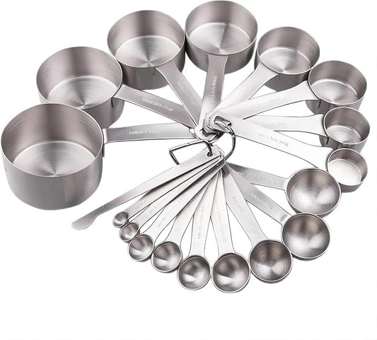 Measuring Cups and Spoons Set, 18/8 Stainless Steel Measuring Cups and Spoons for Kitchen & Baking, Heavy Duty Metric & US 8 Measuring cups, 9 Measuring Spoons Set