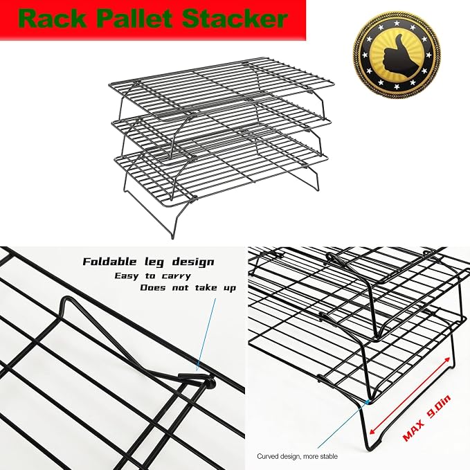 Antenat 3-Tier Stackable Cooling Rack – 15.8"x10" Heavy Duty with Legs,Collapsible & Stackable For batch cooling cookies,Cake, Pizza, Bread, Sourdough, Oven & Dishwasher Safe