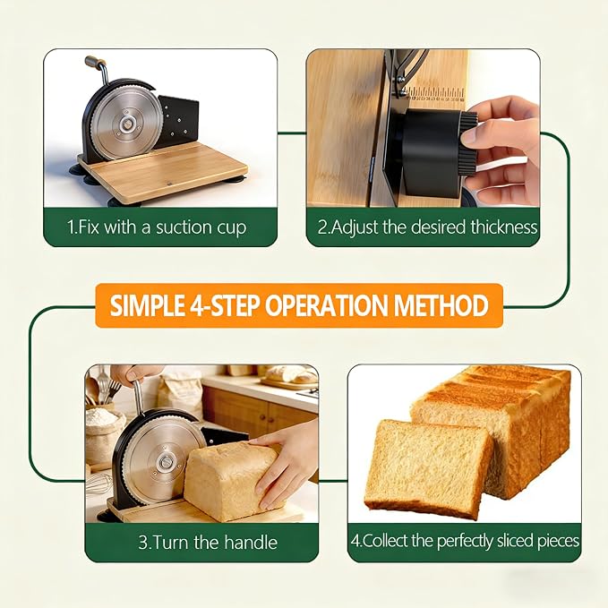 Manual Bread Slicer for Sourdough Bread, Adjustable Thickness Foldable Bread Cutter with Hand Crank, Stainless Steel Blade, Black