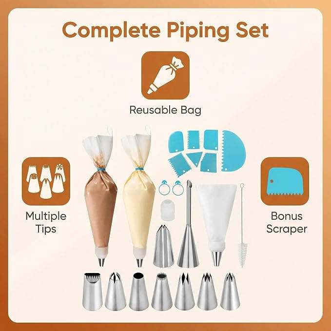 Baking & Pastry Tool Kit, 14 Nozzles & 6 Blue Scrapers, Reusable Bags & Ties, Versatile Kitchen Accessories for Decorating & Dough Shaping (20)