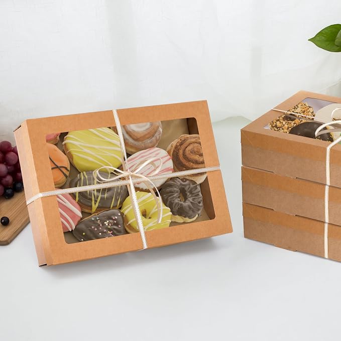 yarlung Set of 10 Kraft Bakery Box with Clear Window Lid, 14"x10"x3" Foldable Brown Paperboard Food Wrapping Tray with Greaseproof Paper for Cookies, Donuts, Pies, Picnic, Gift Packaging Ribbon