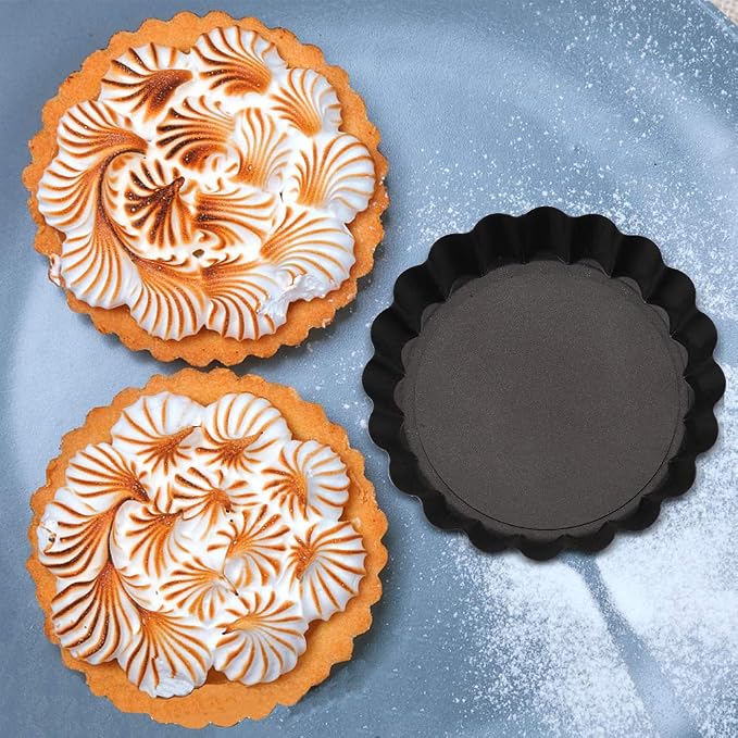 6 Pack Mini Tart Pans Non-Stick 4 Inch Quiche Pan with Removable Bottom Round, Heavy Duty Fluted Side Tart Pan for Pies, Mousse Cakes, Quiche Bakeware and Desserts