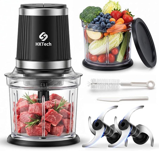 Food Processor Set: 2-Speed Food Chopper with Two 4 Cup Bowls | Electric Vegetable Chopper with 2 Pack 420 Stainless Steel 4-Layer Blades, Meat Grinder for Meat, Fruits, Baby Food,Pet Food